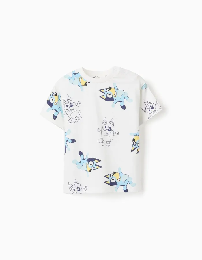 Cotton T-shirt with Bluey motif for babies and children, white