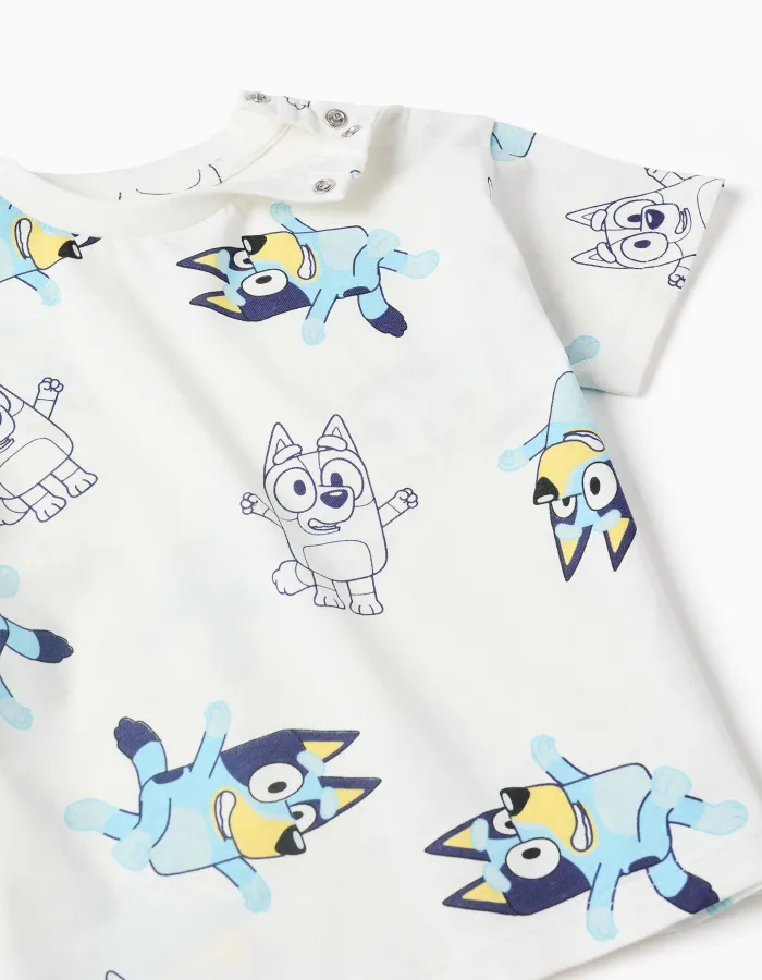 Cotton T-shirt with Bluey motif for babies and children, white