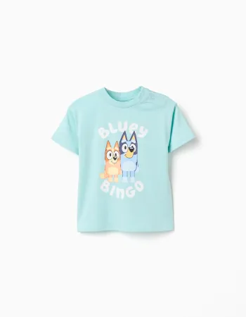 Cotton T-shirt with Bluey and Bingo print for babies and children, blue