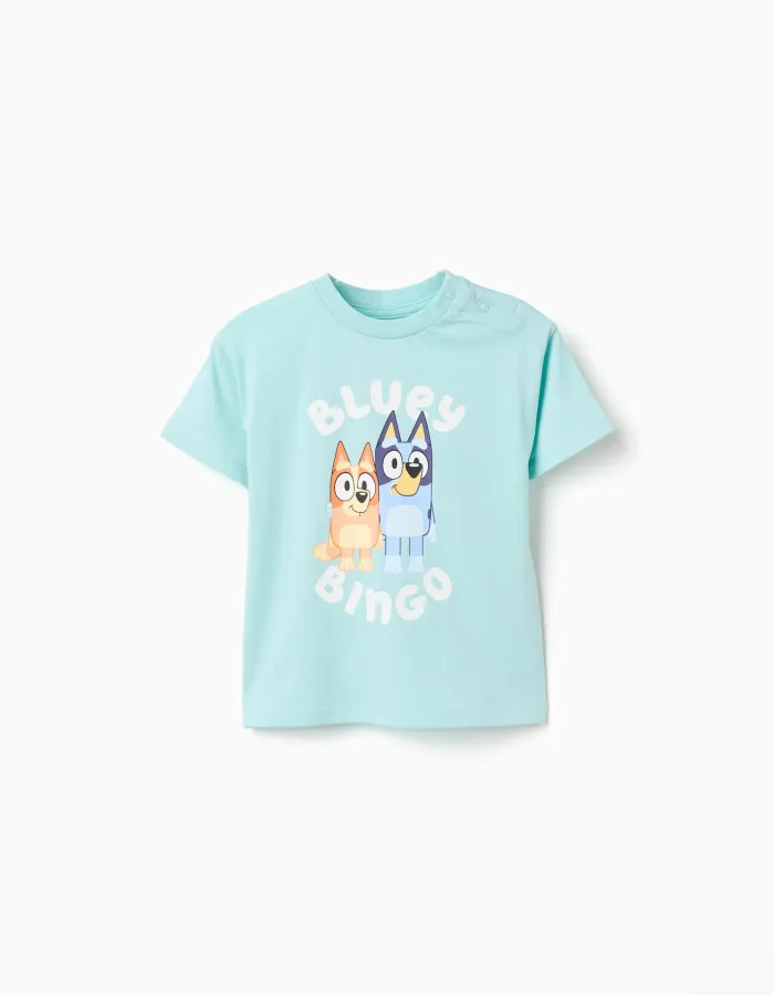 Cotton T-shirt with Bluey and Bingo print for babies and children, blue