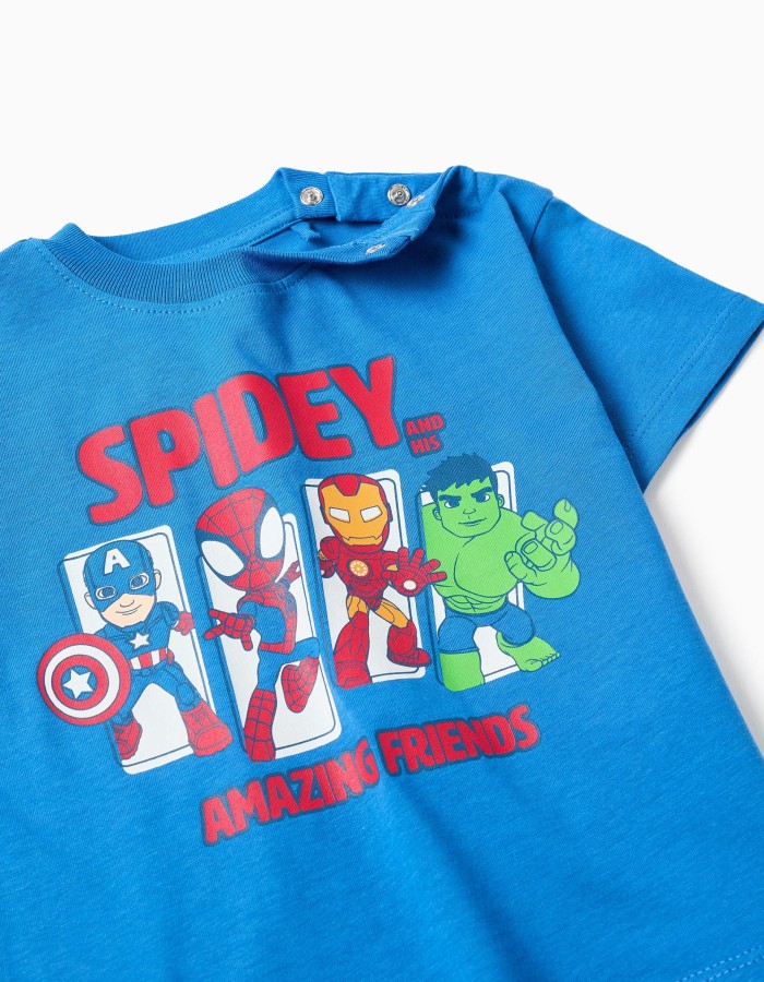Cotton T-shirt with Spidey & Friends print for babies and boys, blue