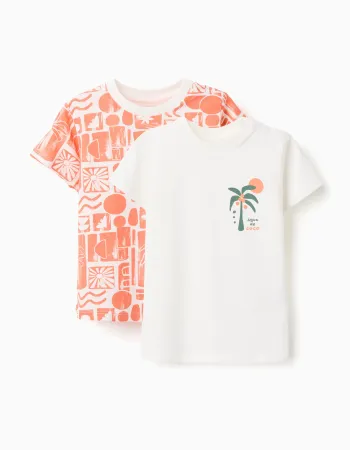 Pack of 2 cotton T-shirts with beach prints for baby boys, white/orange