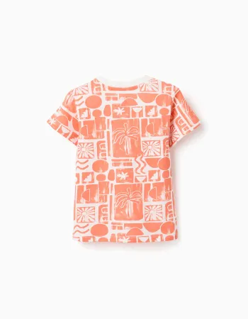 Pack of 2 cotton T-shirts with beach prints for baby boys, white/orange