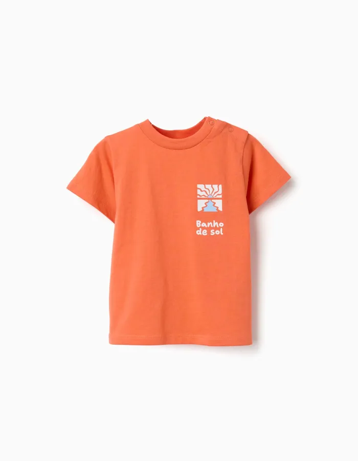 Cotton T-shirt with Banho de Sol print for baby boys, orange