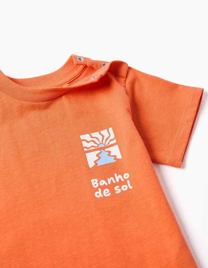 Cotton T-shirt with Banho de Sol print for baby boys, orange