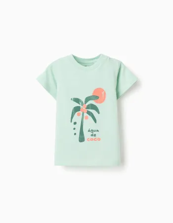 Cotton T-shirt with Água de Coco print for baby boys, light green