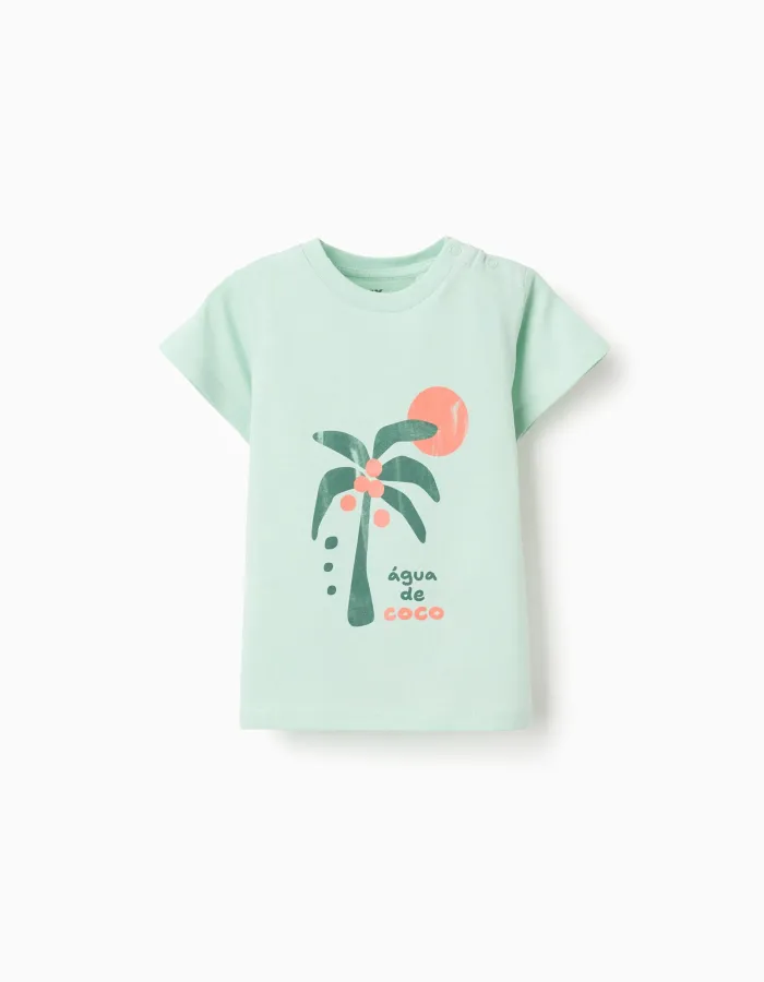Cotton T-shirt with Água de Coco print for baby boys, light green
