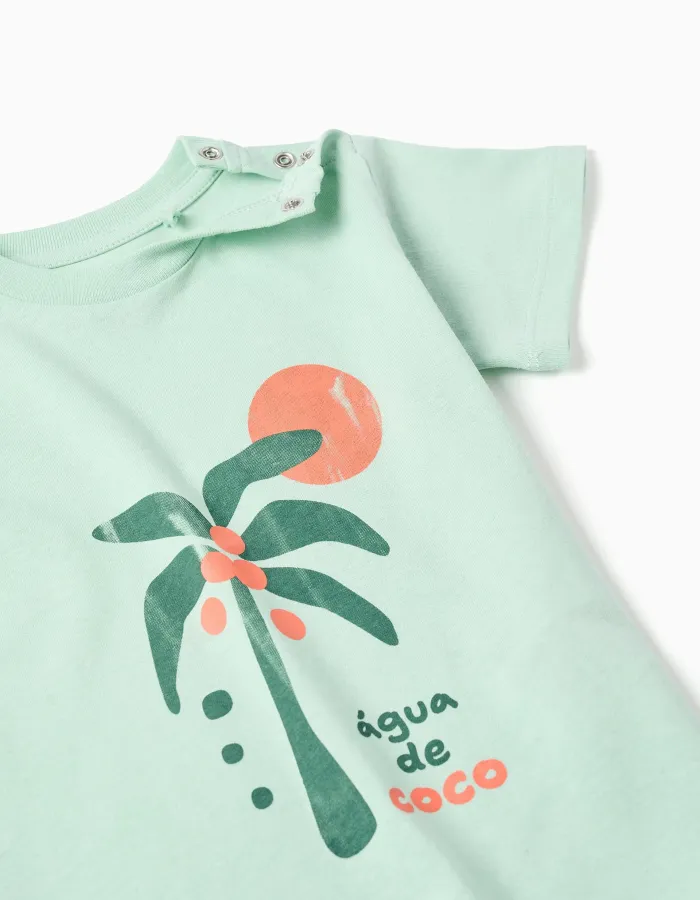 Cotton T-shirt with Água de Coco print for baby boys, light green