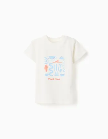 Cotton T-shirt with Mais Mar print for baby boys, white