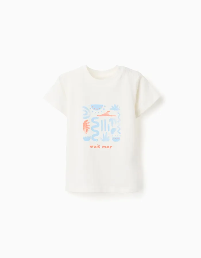 Cotton T-shirt with Mais Mar print for baby boys, white