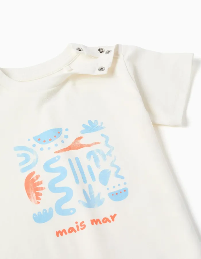 Cotton T-shirt with Mais Mar print for baby boys, white