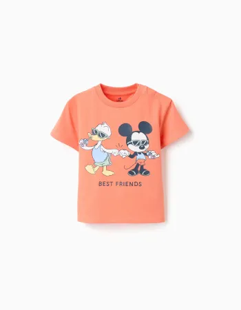 Cotton T-shirt with Mickey & Donald print for baby boys, orange