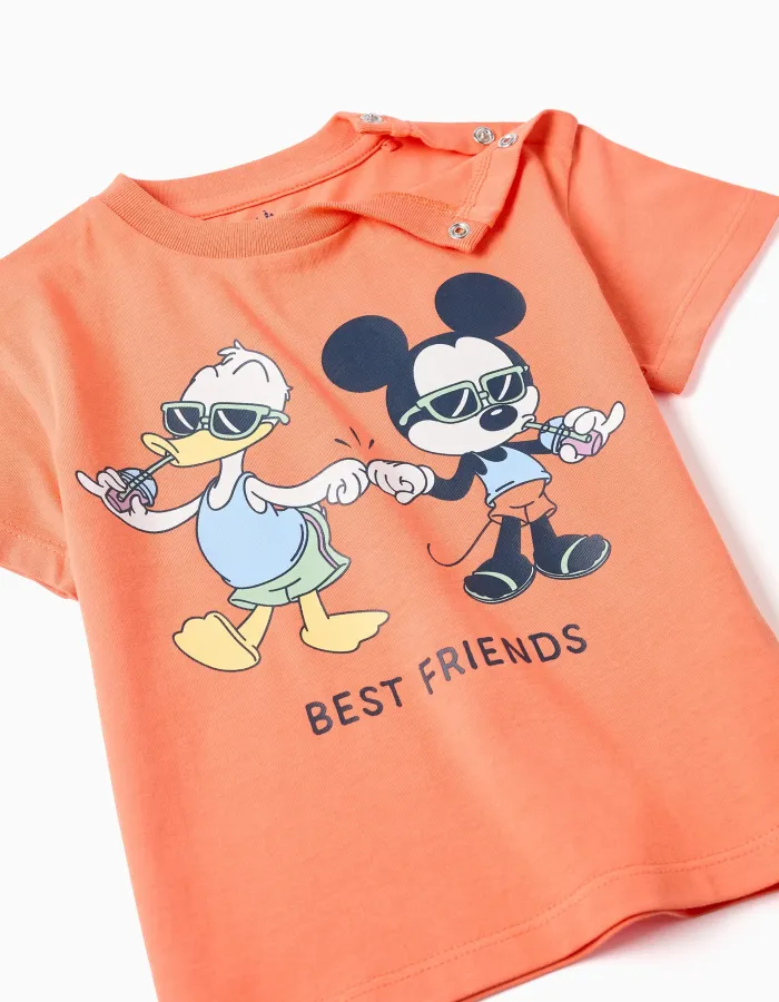 Cotton T-shirt with Mickey & Donald print for baby boys, orange