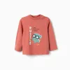 Long sleeve cotton T-shirt with Puzzle print for baby boys, terracotta