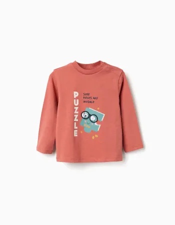 Long sleeve cotton T-shirt with Puzzle print for baby boys, terracotta