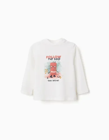 Long sleeve cotton T-shirt with Destiny print for baby boys, white