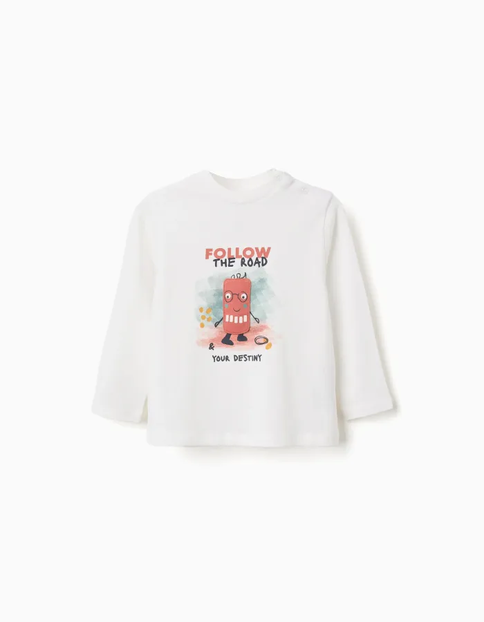 Long sleeve cotton T-shirt with Destiny print for baby boys, white