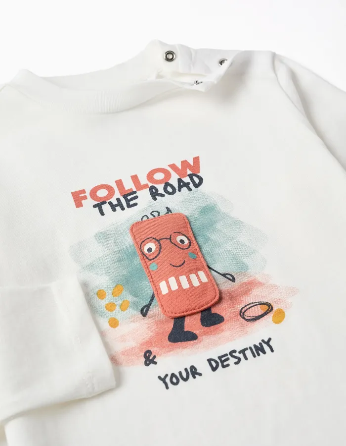 Long sleeve cotton T-shirt with Destiny print for baby boys, white