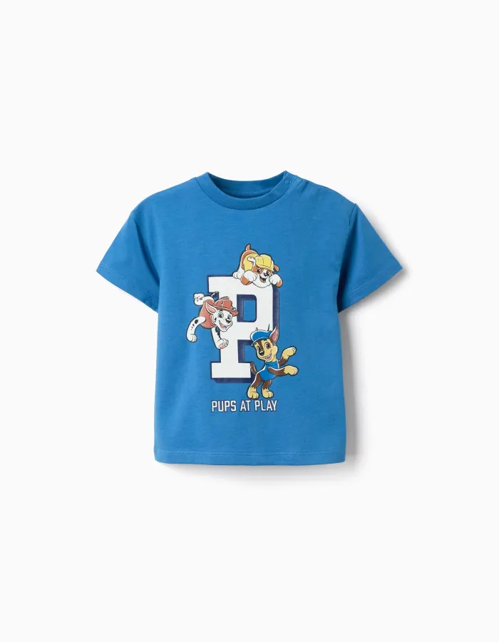 Cotton T-shirt with Paw Patrol print for babies and boys, blue