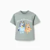 Cotton T-shirt with Bluey and Bingo print for babies and children, green
