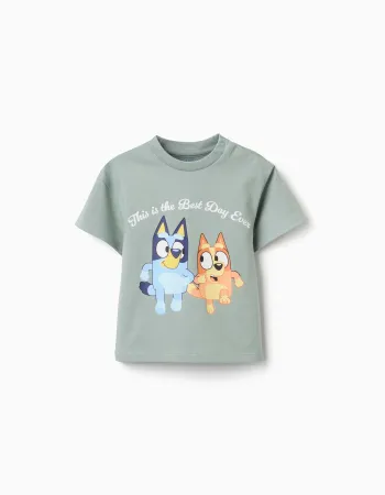 Cotton T-shirt with Bluey and Bingo print for babies and children, green