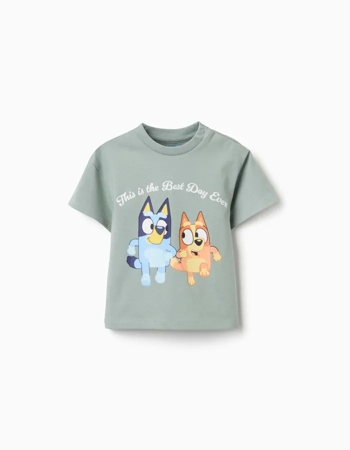 Cotton T-shirt with Bluey and Bingo print for babies and children, green