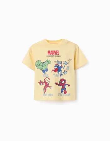 Cotton T-shirt with Marvel Heroes prints for babies and boys, yellow