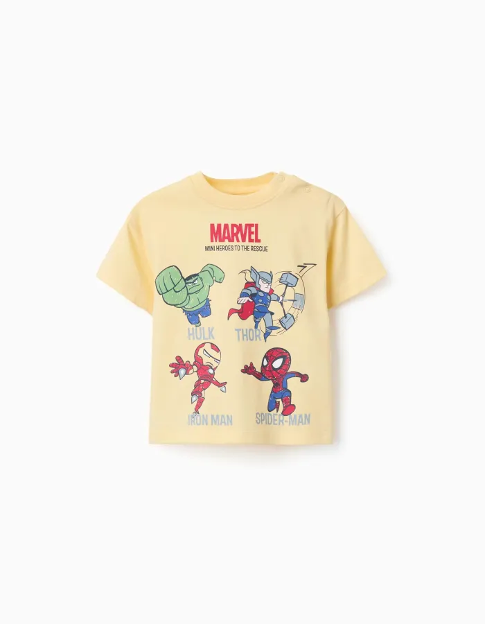 Cotton T-shirt with Marvel Heroes prints for babies and boys, yellow