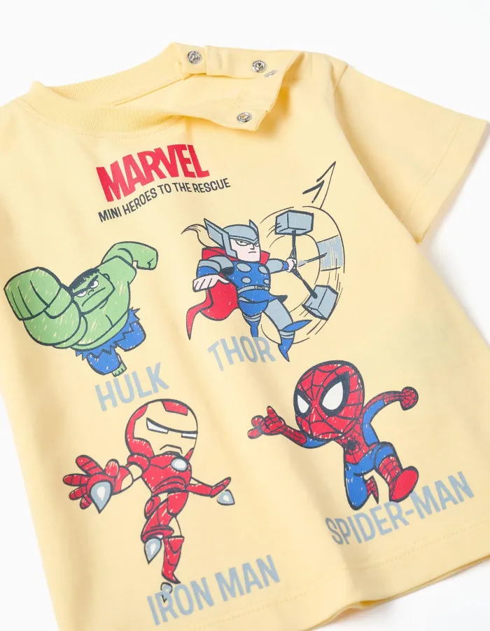Cotton T-shirt with Marvel Heroes prints for babies and boys, yellow
