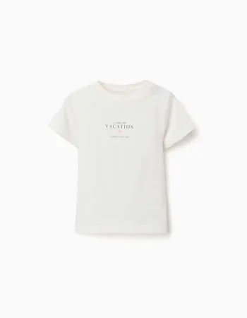 Cotton T-shirt with Vacation print for baby boys, light beige