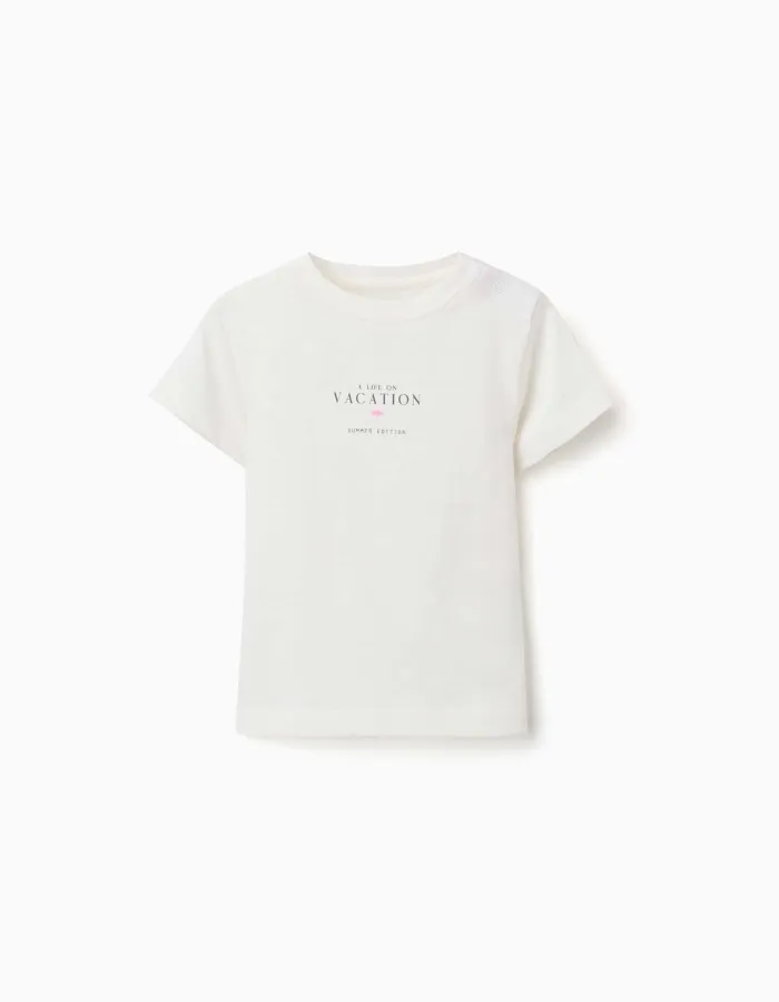 Cotton T-shirt with Vacation print for baby boys, light beige