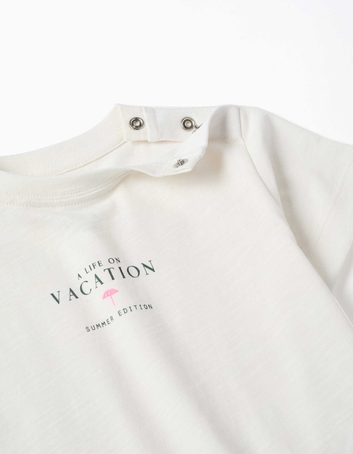 Cotton T-shirt with Vacation print for baby boys, light beige