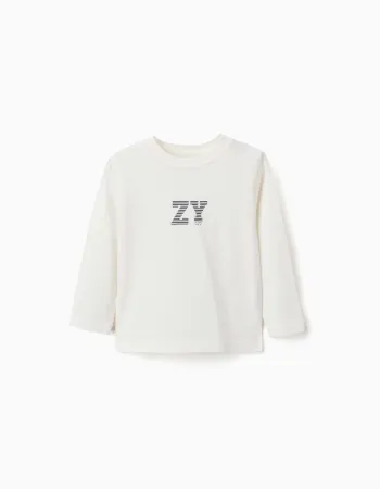 Long sleeve cotton T-shirt with ZY embossed print for baby boys, white