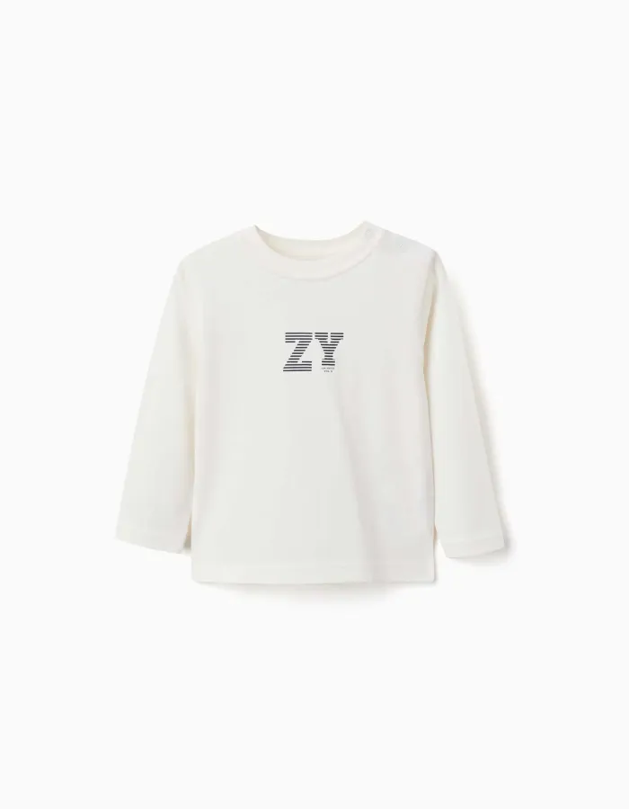 Long sleeve cotton T-shirt with ZY embossed print for baby boys, white