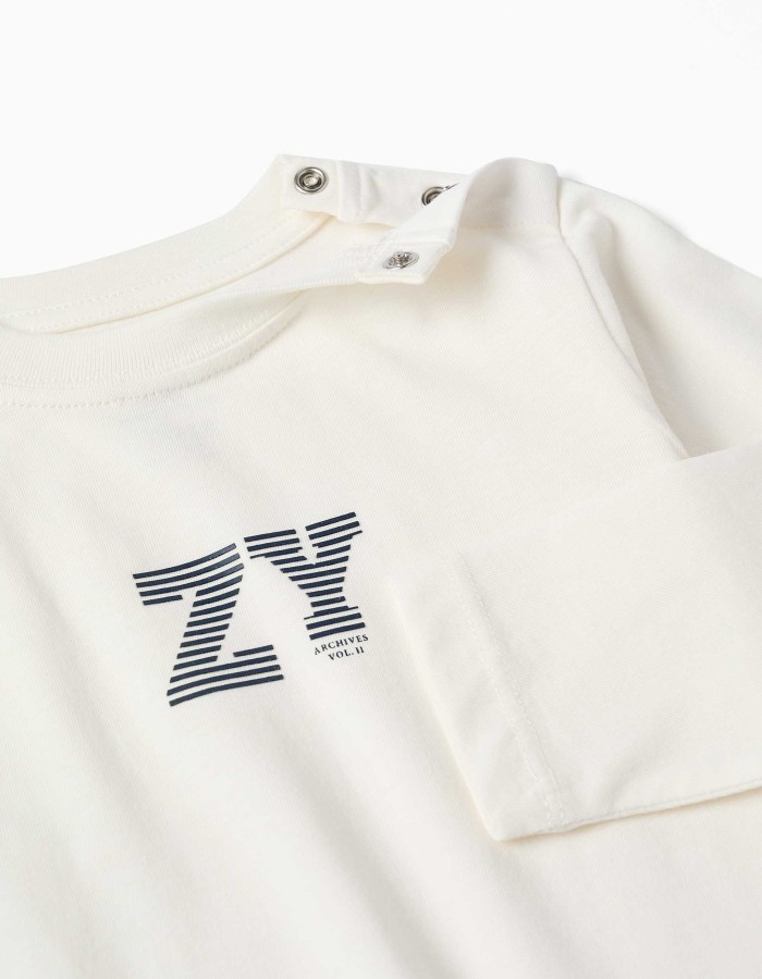 Long sleeve cotton T-shirt with ZY embossed print for baby boys, white