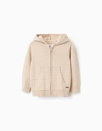 Knitted hooded jacket with embossed lines for baby boys, light beige