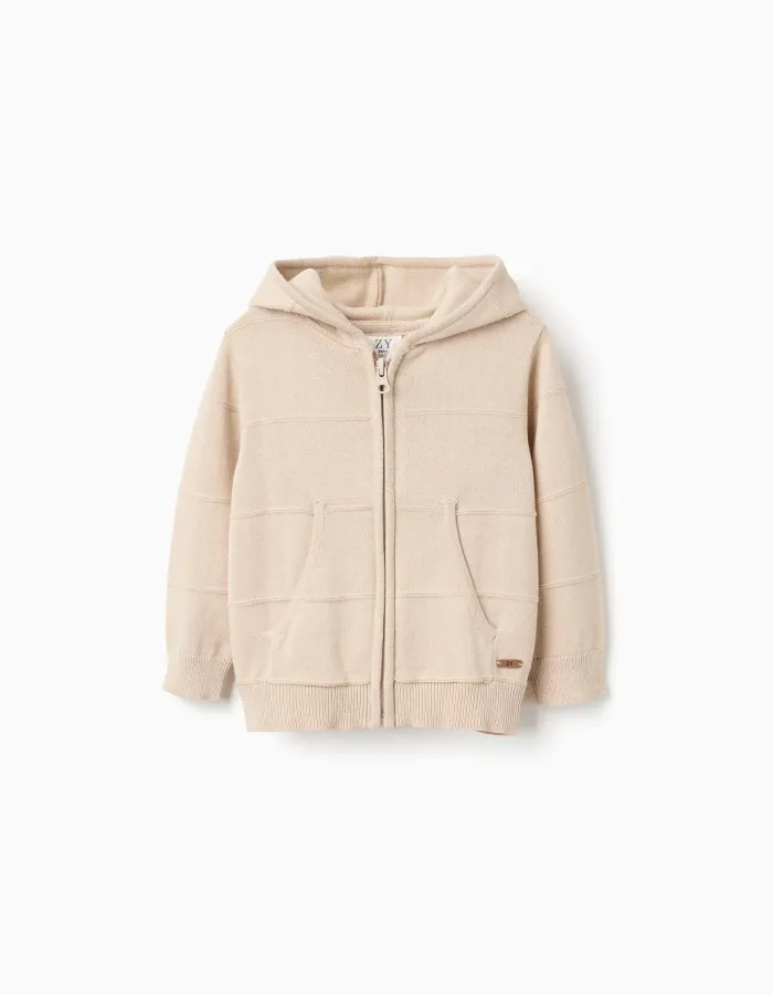 Knitted hooded jacket with embossed lines for baby boys, light beige