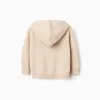 Knitted hooded jacket with embossed lines for baby boys, light beige