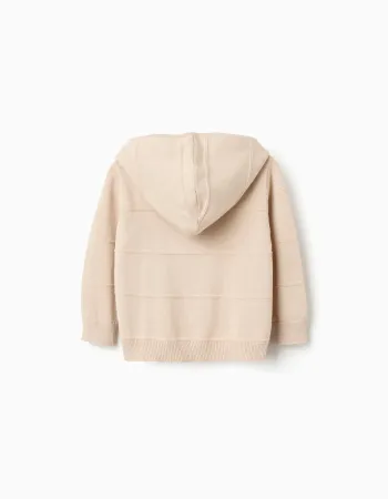 Knitted hooded jacket with embossed lines for baby boys, light beige