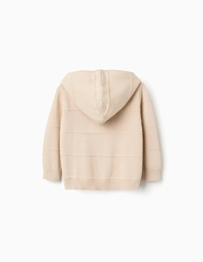 Knitted hooded jacket with embossed lines for baby boys, light beige