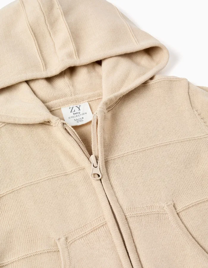 Knitted hooded jacket with embossed lines for baby boys, light beige