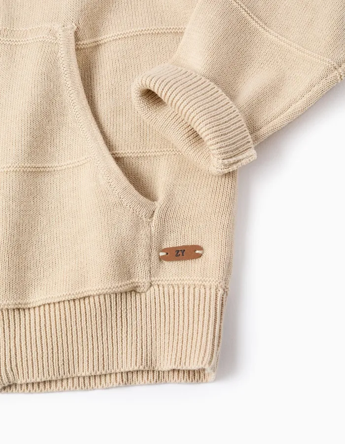 Knitted hooded jacket with embossed lines for baby boys, light beige