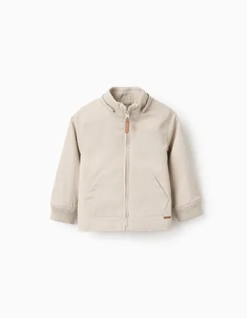 Jacket with lining and removable hood for baby boys, light beige
