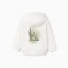 Cotton hooded jacket with Cactus Garden print for baby boys, white