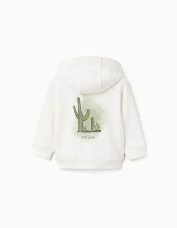 Cotton hooded jacket with Cactus Garden print for baby boys, white