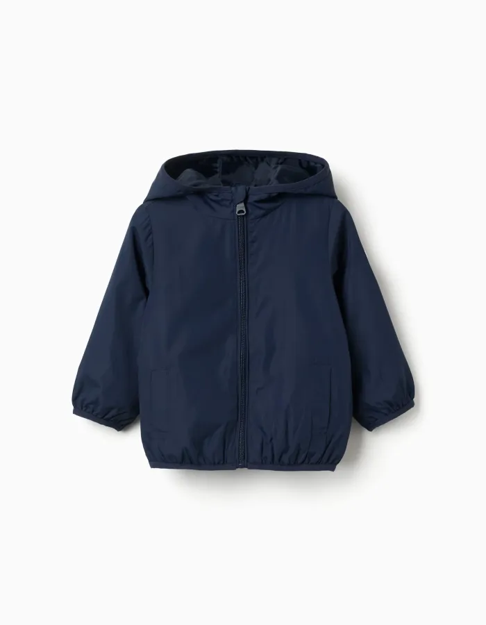 Hooded windbreaker with pockets for baby boys, dark blue