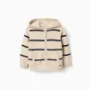 Cotton knit hooded jacket with stripes for baby boys, beige/dark blue