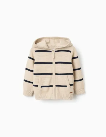 Cotton knit hooded jacket with stripes for baby boys, beige/dark blue