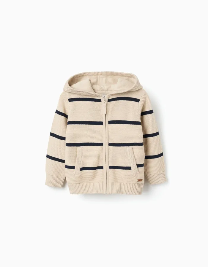 Cotton knit hooded jacket with stripes for baby boys, beige/dark blue