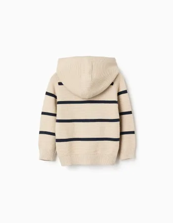 Cotton knit hooded jacket with stripes for baby boys, beige/dark blue